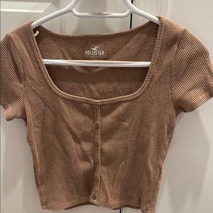 Hollister Tan Ribbed Crop Blouse Short Sleeve
